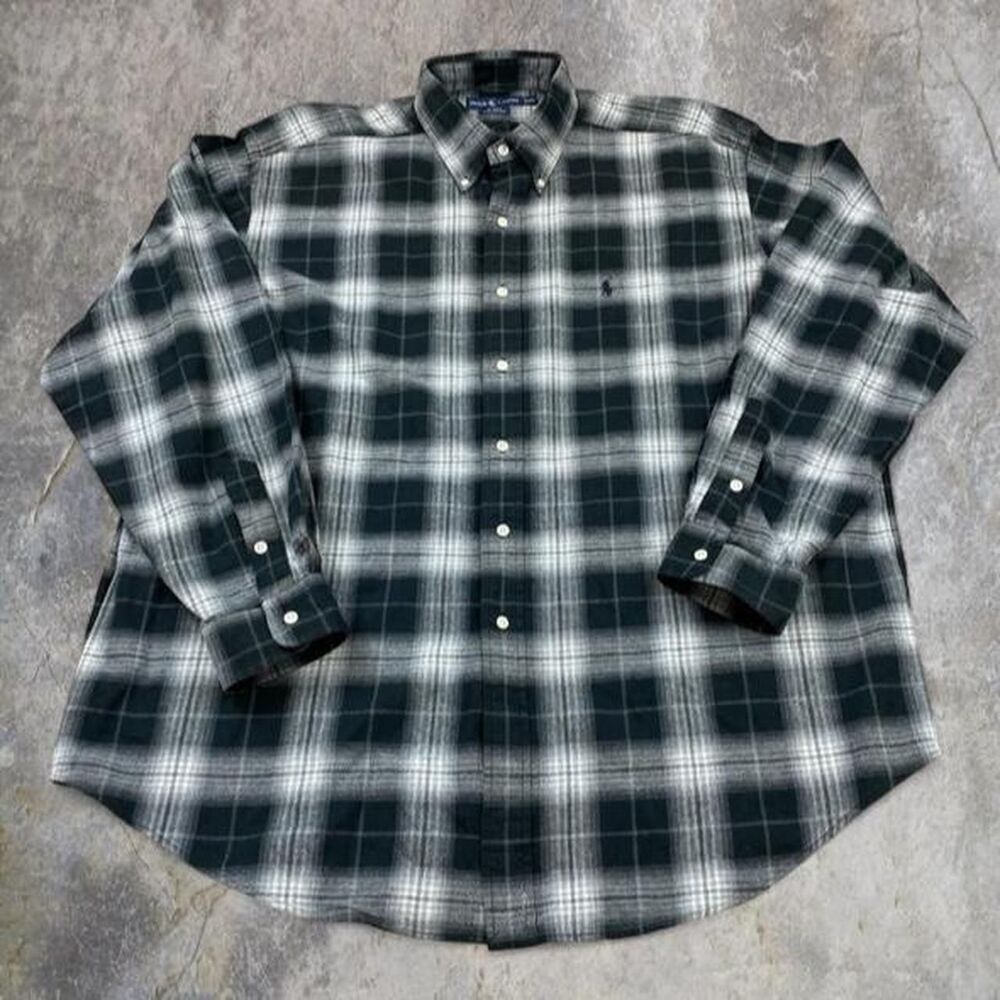 RARE Polo Ralph Lauren Shirt Mens Black White XL Plaid Flannel Pony 90s Vintage